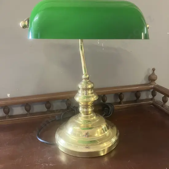 Polished Brass Bankers Lamp With Green Glass Shade. H35cm
