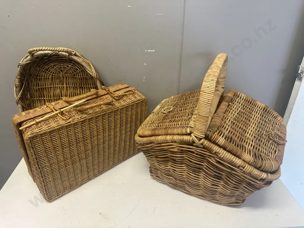 Caneware In Picnic Hampers (As Found) & Double Handle Sewing Basket Image 1++