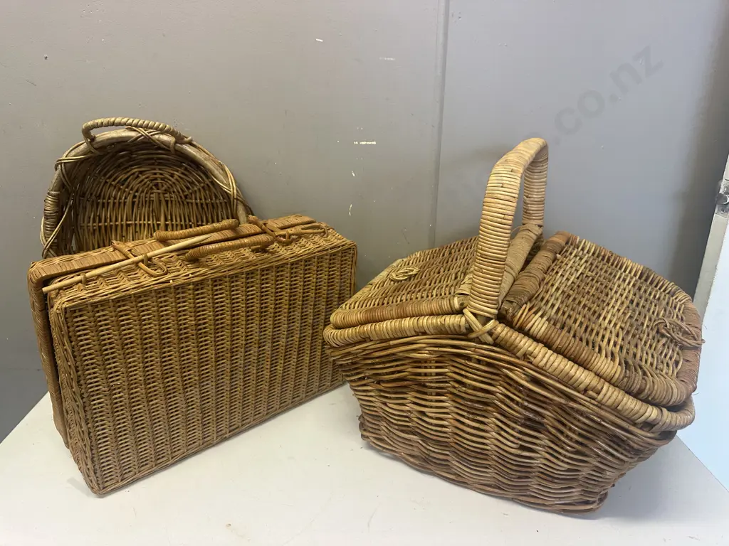 Caneware In Picnic Hampers (As Found) & Double Handle Sewing Basket Image 1++