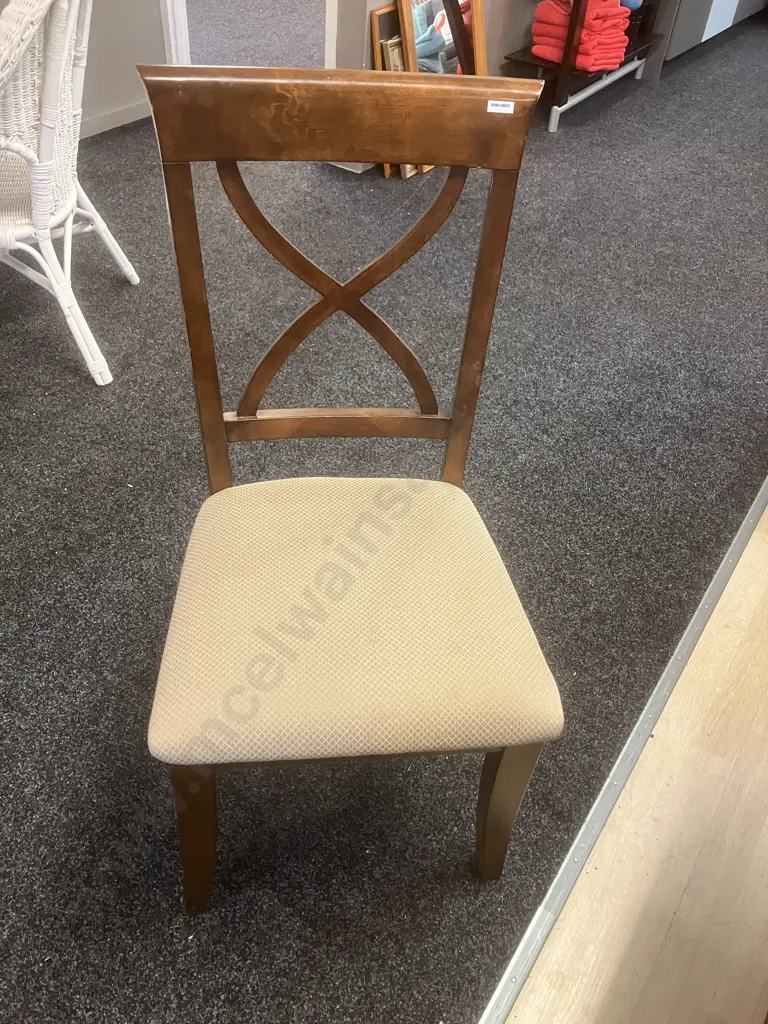 Wooden Trestle Base Dining Table (181 x 100.5cm) With Six Wooden Cross Back Beige Fabric Upholstered Dining Chairs Image 1++