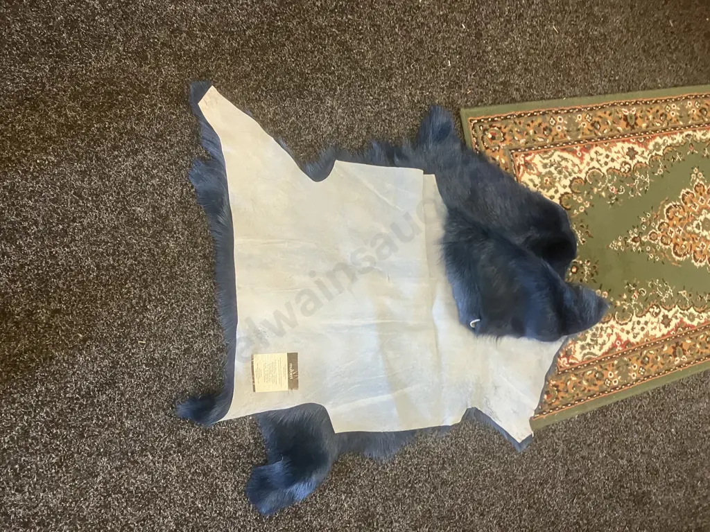 Pair of Blue Mulberi Dyed Natural Goat Hide Rugs. L88 & 98cm Image 1++