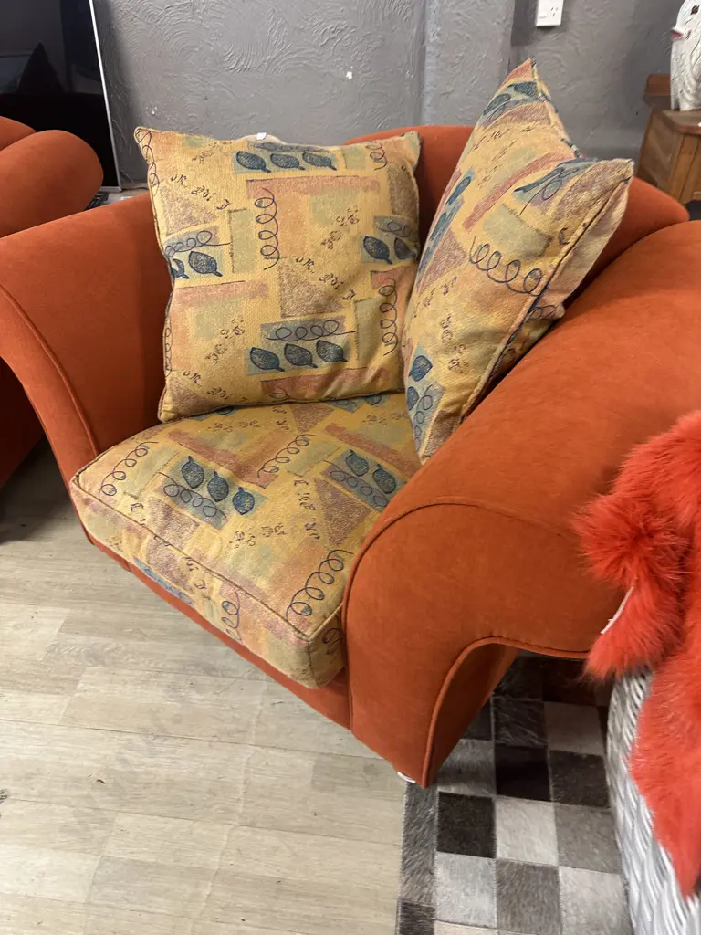 Lounge Suite - Pair of Two Seater Rolled Arm Couches And Armchair, Terracota Colour, Turned Wooden Feet Image 1++