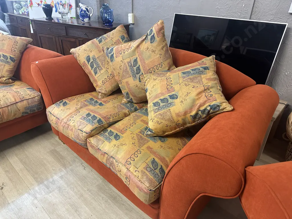 Lounge Suite - Pair of Two Seater Rolled Arm Couches And Armchair, Terracota Colour, Turned Wooden Feet Image 1++