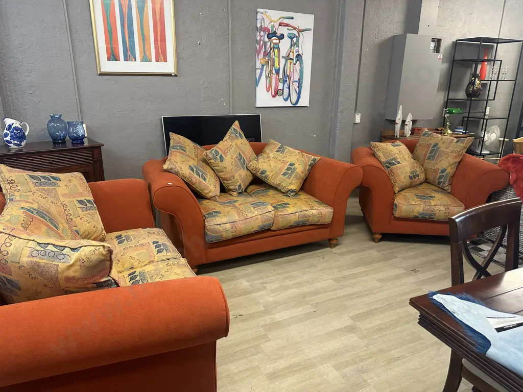 Lounge Suite - Pair of Two Seater Rolled Arm Couches And Armchair, Terracota Colour, Turned Wooden Feet Image 1++