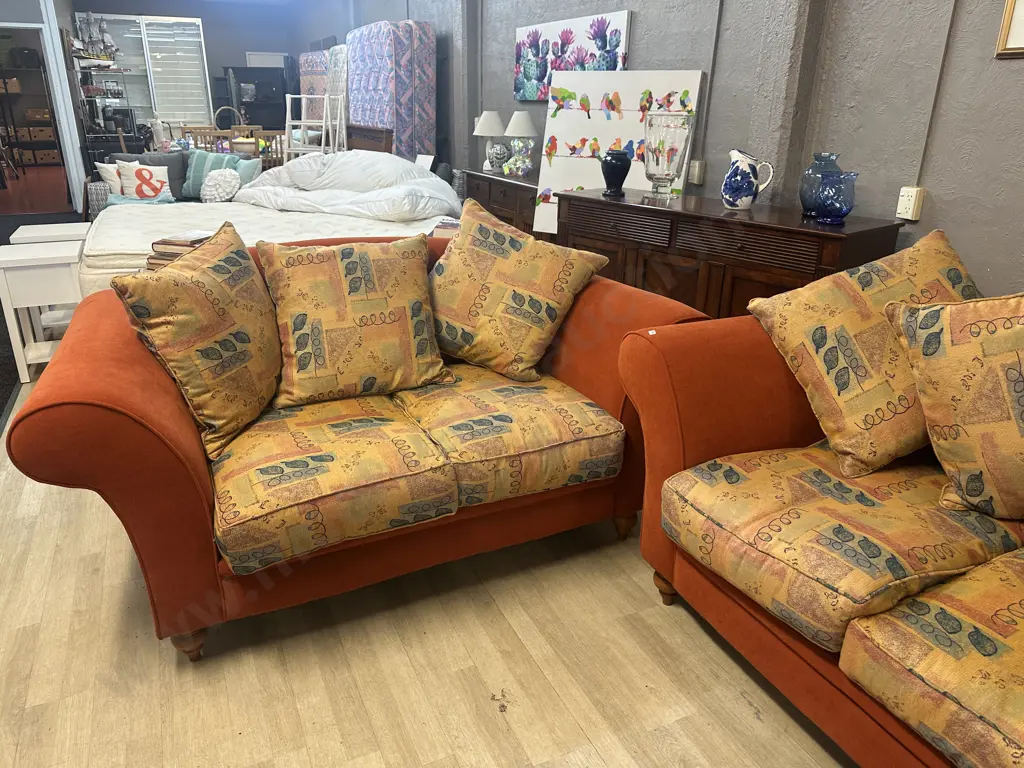 Lounge Suite - Pair of Two Seater Rolled Arm Couches And Armchair, Terracota Colour, Turned Wooden Feet Image 1++