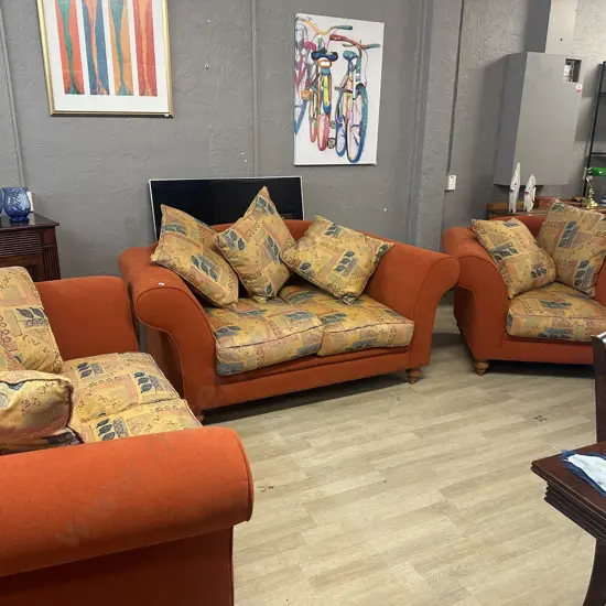 Lounge Suite - Pair of Two Seater Rolled Arm Couches And Armchair, Terracota Colour, Turned Wooden Feet