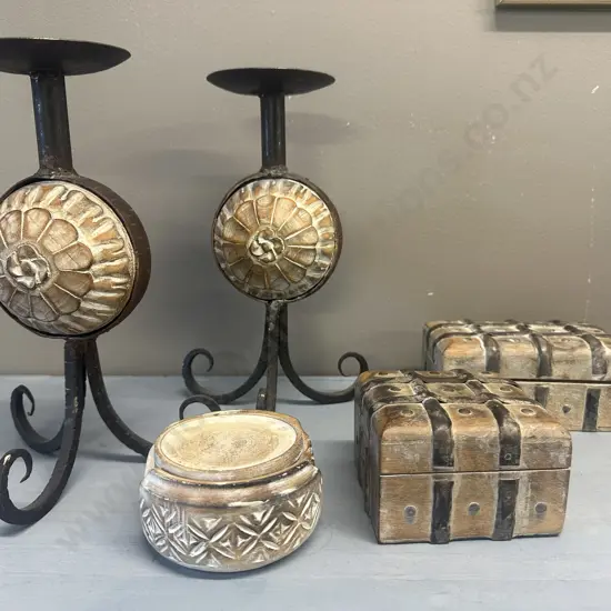 Pair Of Wrought Candle Holders, Coasters & Jewellery Boxes x2