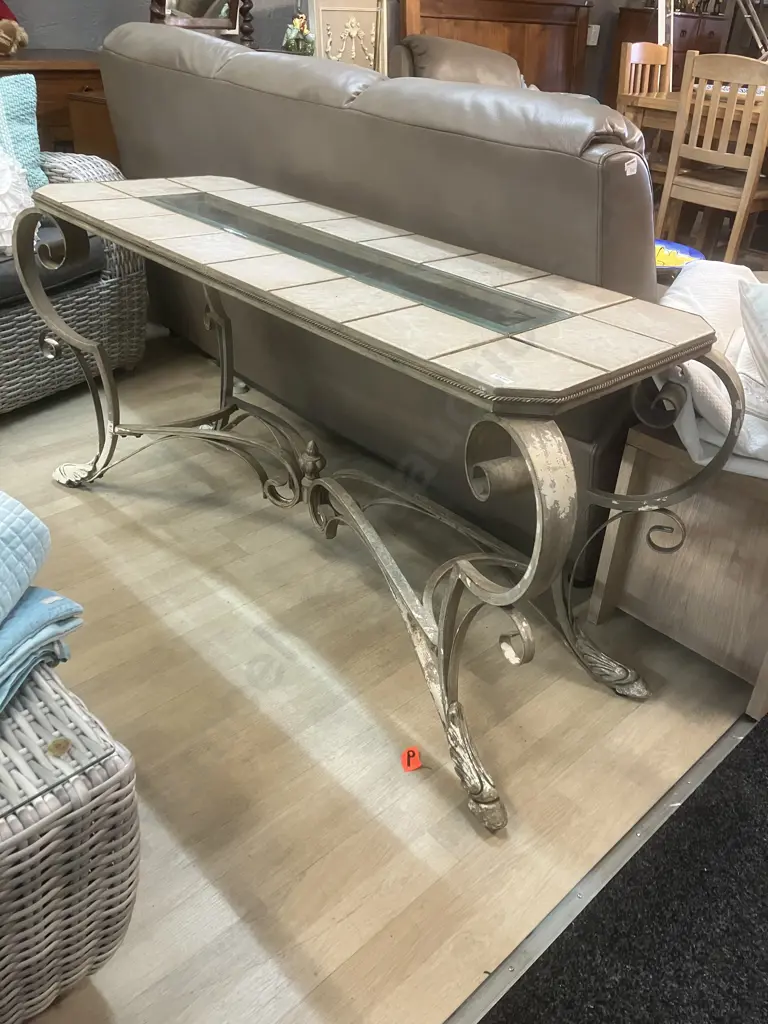 Hall Table With Tile & Glass Centre Top On Ornate Steel Base. H72.5 W146 D53cm Image 1++