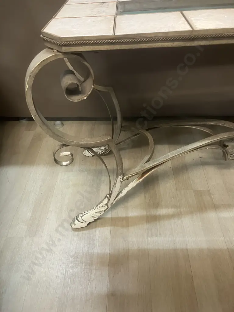 Hall Table With Tile & Glass Centre Top On Ornate Steel Base. H72.5 W146 D53cm Image 1++