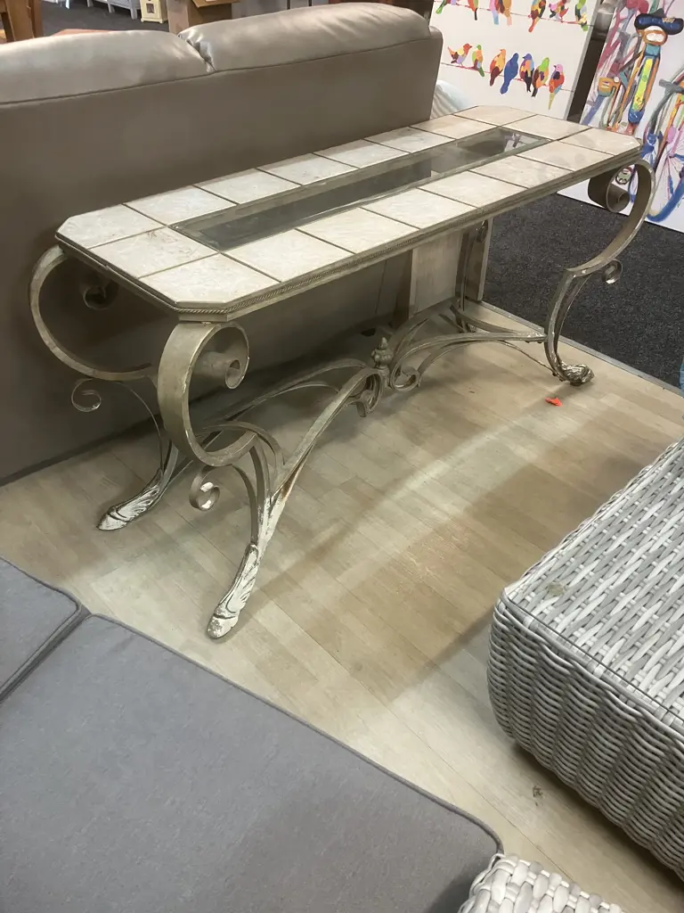 Hall Table With Tile & Glass Centre Top On Ornate Steel Base. H72.5 W146 D53cm Image 1++