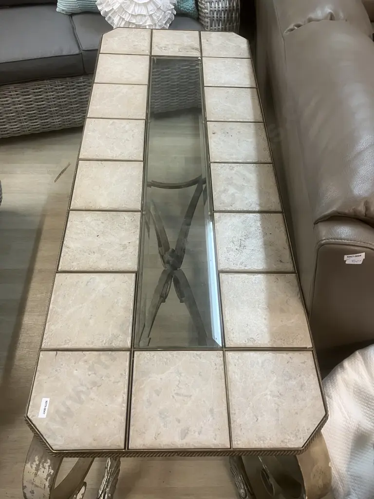 Hall Table With Tile & Glass Centre Top On Ornate Steel Base. H72.5 W146 D53cm Image 1++