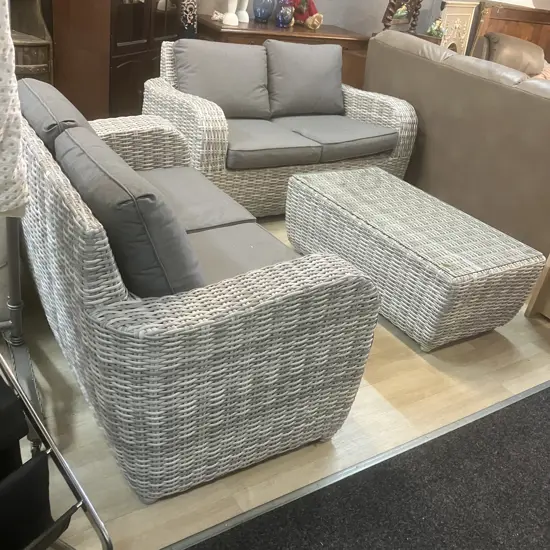 Pair of Outdoor PE Rattan Wicker Couches With Coffee Table With Glass Top