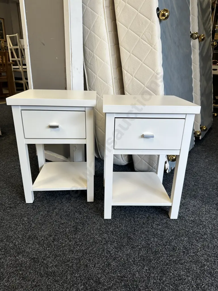 Pair Of Painted White Bedsides With Single Drawer & Silver Coloured Handles Image 1++