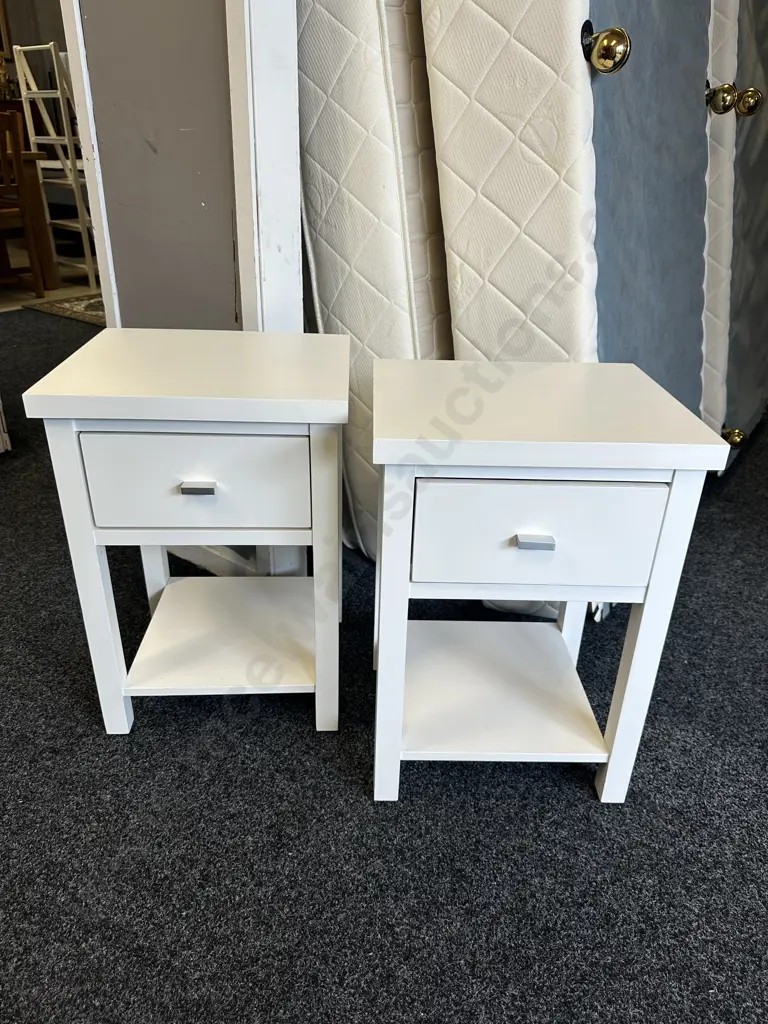 Pair Of Painted White Bedsides With Single Drawer & Silver Coloured Handles Image 1++