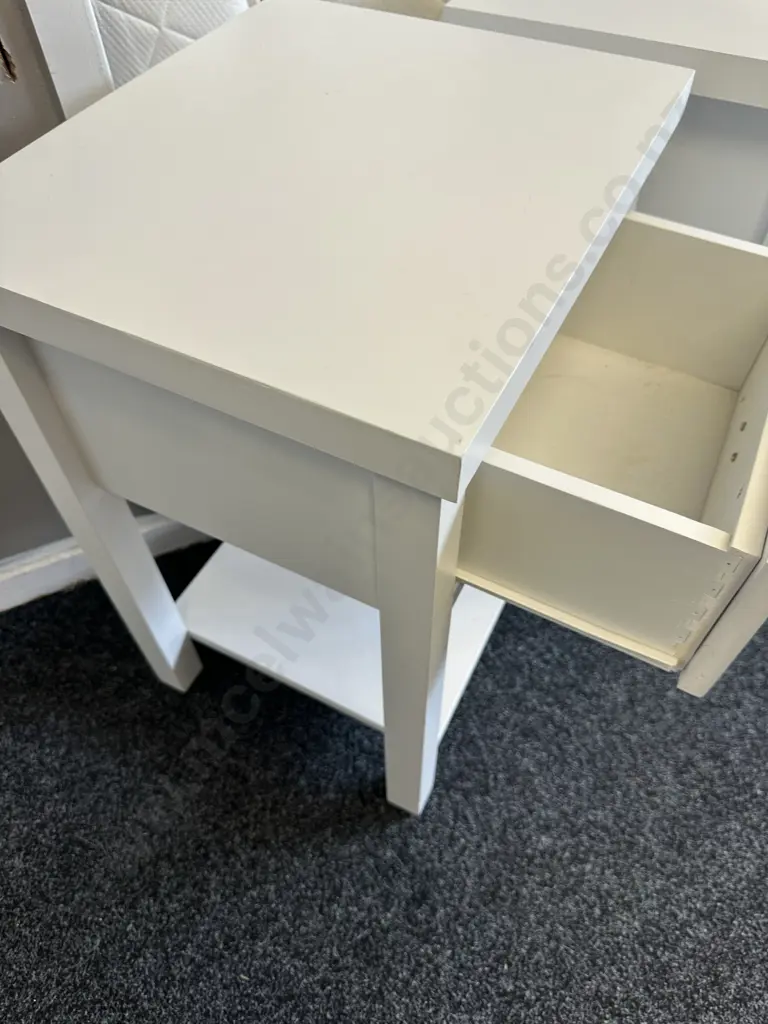 Pair Of Painted White Bedsides With Single Drawer & Silver Coloured Handles Image 1++
