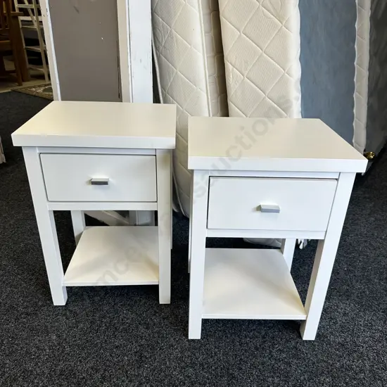 Pair Of Painted White Bedsides With Single Drawer & Silver Coloured Handles