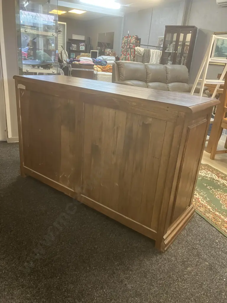 Teak Sideboard 3 Drawers, 3 Slatted Doors With Keys, Steel Ring Handles. H84.5 W140 D50cm Image 1++