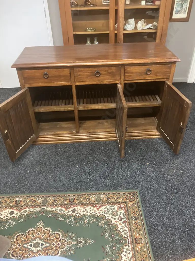 Teak Sideboard 3 Drawers, 3 Slatted Doors With Keys, Steel Ring Handles. H84.5 W140 D50cm Image 1++