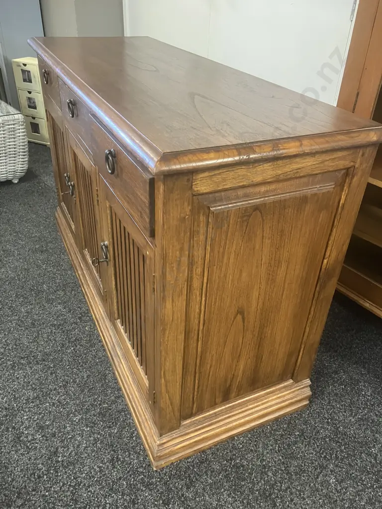 Teak Sideboard 3 Drawers, 3 Slatted Doors With Keys, Steel Ring Handles. H84.5 W140 D50cm Image 1++