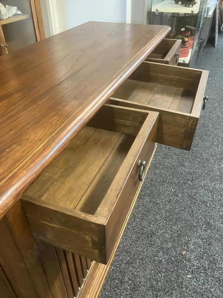 Teak Sideboard 3 Drawers, 3 Slatted Doors With Keys, Steel Ring Handles. H84.5 W140 D50cm Image 1++