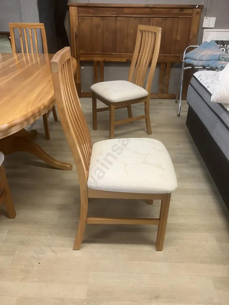 Solid Rimu Oval Dining Table Single Pedestal, Glass Cover With Six Slatted Back Chairs With Cream Fabric 76x180x114cm. Image 1++
