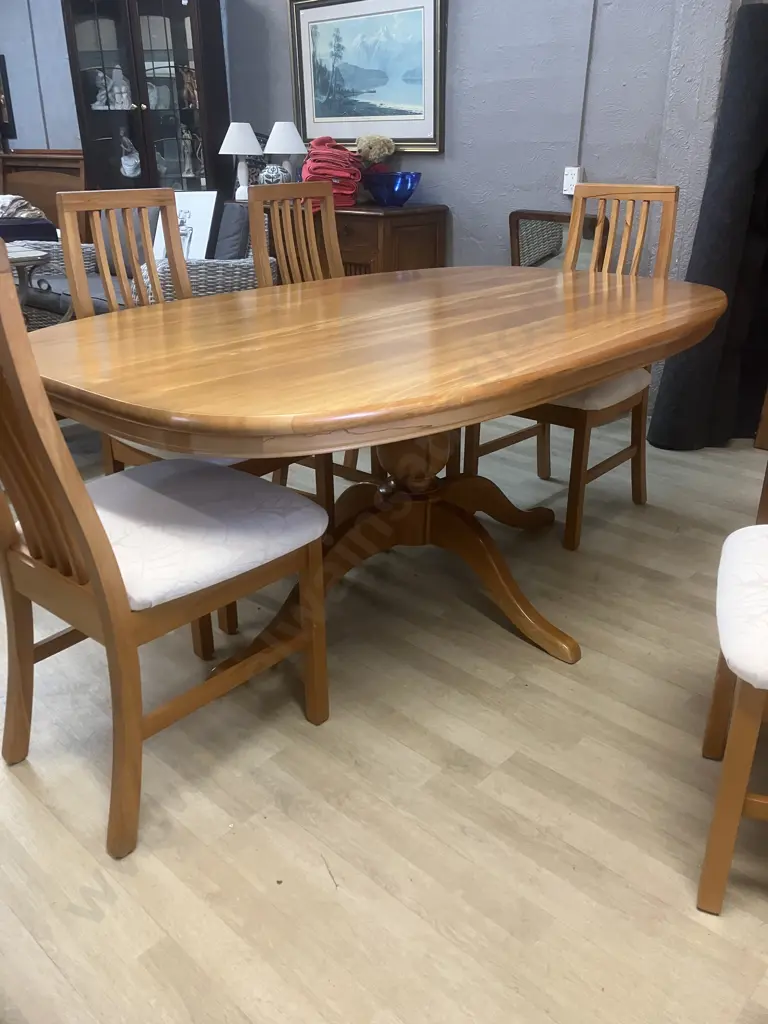 Solid Rimu Oval Dining Table Single Pedestal, Glass Cover With Six Slatted Back Chairs With Cream Fabric 76x180x114cm. Image 1++