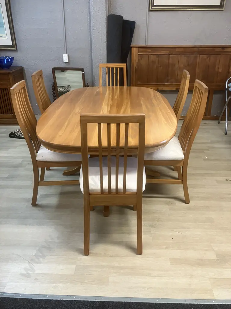 Solid Rimu Oval Dining Table Single Pedestal, Glass Cover With Six Slatted Back Chairs With Cream Fabric 76x180x114cm. Image 1++