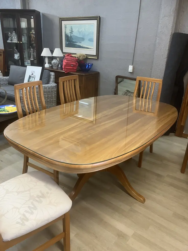 Solid Rimu Oval Dining Table Single Pedestal, Glass Cover With Six Slatted Back Chairs With Cream Fabric 76x180x114cm. Image 1++