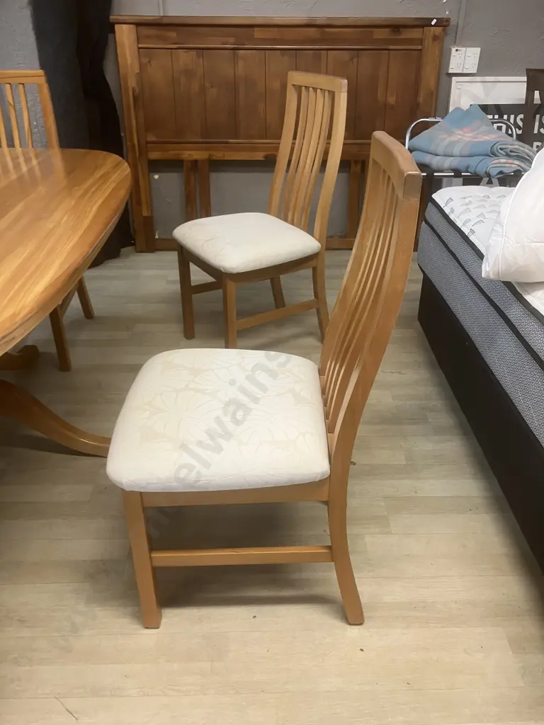 Solid Rimu Oval Dining Table Single Pedestal, Glass Cover With Six Slatted Back Chairs With Cream Fabric 76x180x114cm. Image 1++