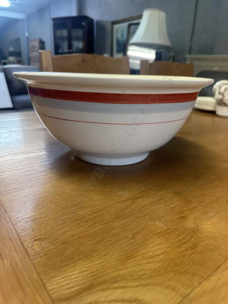 Large Vintage Crown Manor Mixing Bowl Cream With Orange & Grey Striped Detail H14,Dia32cm. Image 1++