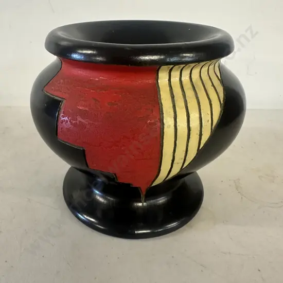 Vintage Black Vase With Red/Yellow Detail H13cm.