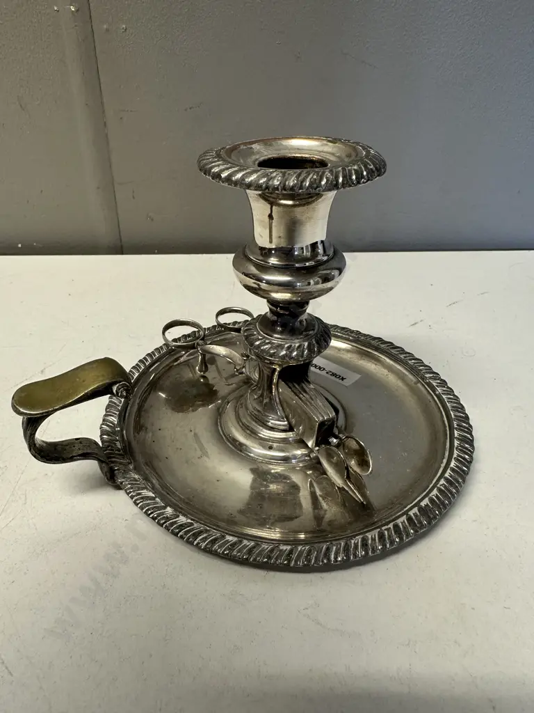Antique Silver Plate Chamberstick With Wick Trimmers Image 1++