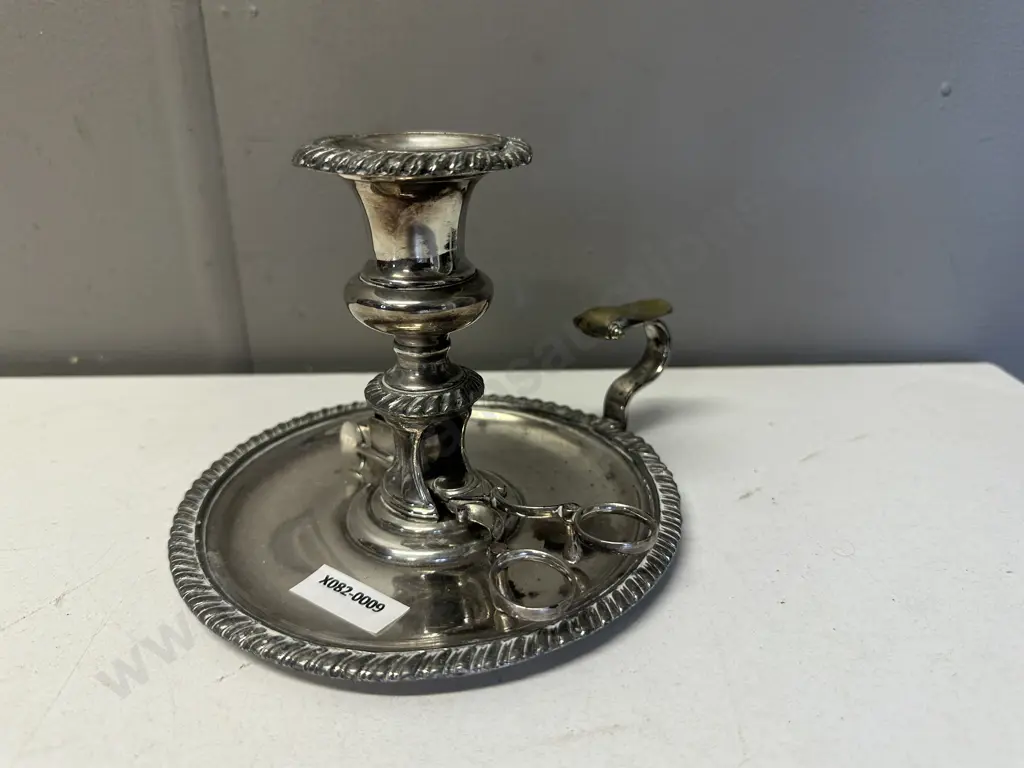 Antique Silver Plate Chamberstick With Wick Trimmers Image 1++