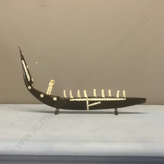 Carved Horn Snake Boat (As Found). L36cm