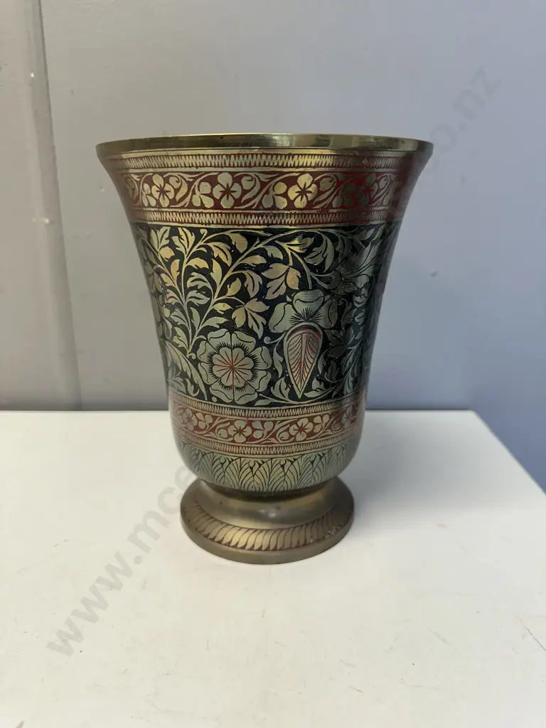 Vintage Indian Brass Vase With Engraved Floral Design Image 1++