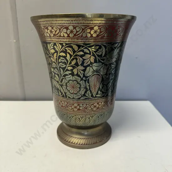 Vintage Indian Brass Vase With Engraved Floral Design