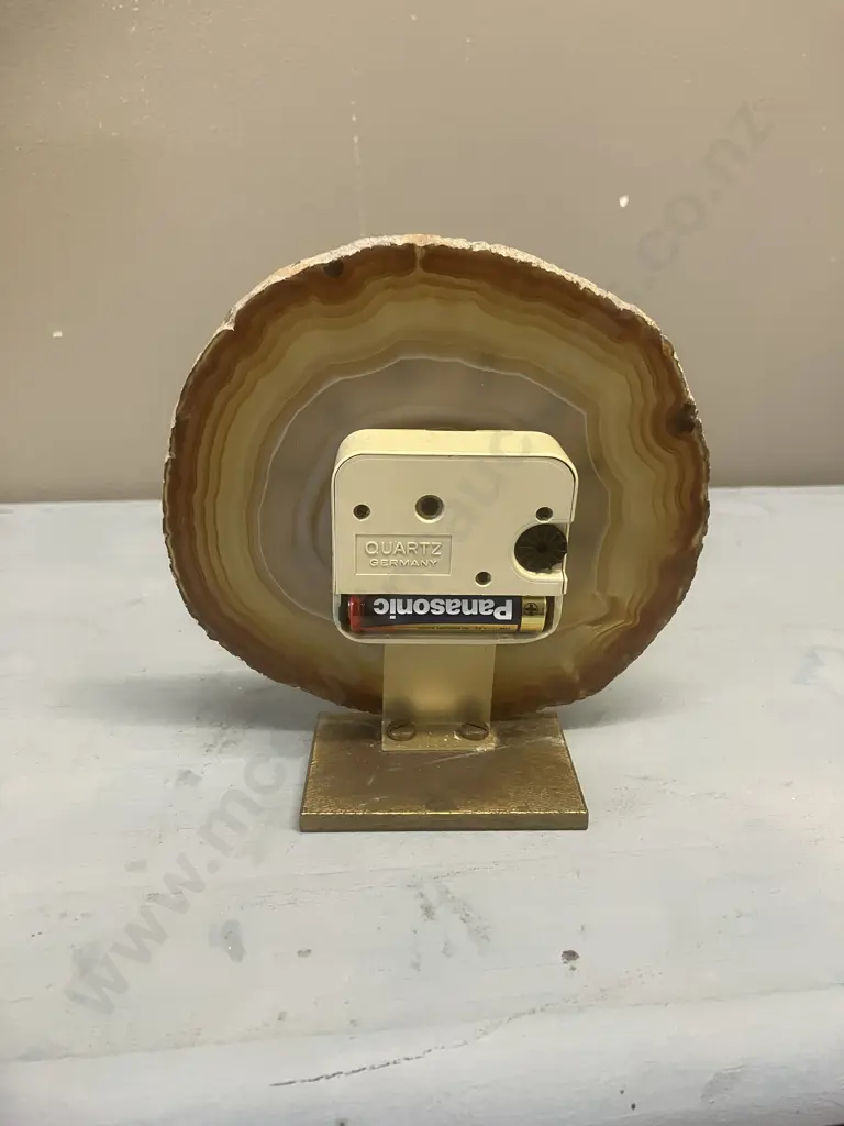Natural Agate Slice Clock With Brass Details & Felted Brass Base. 14 x 14cm Image 1++