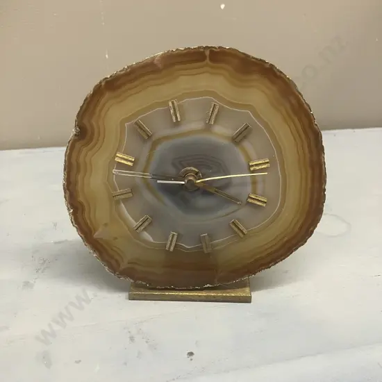 Natural Agate Slice Clock With Brass Details & Felted Brass Base. 14 x 14cm