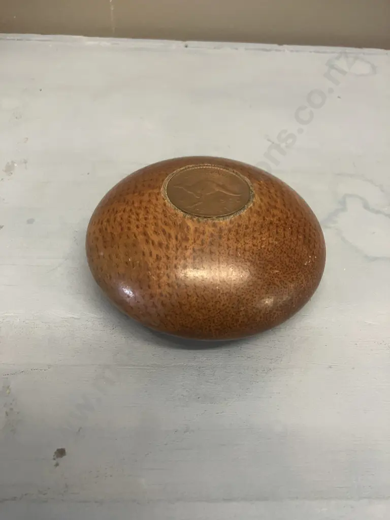 Australian Wooden Paperweight With 1950 Australian Penny Image 1++