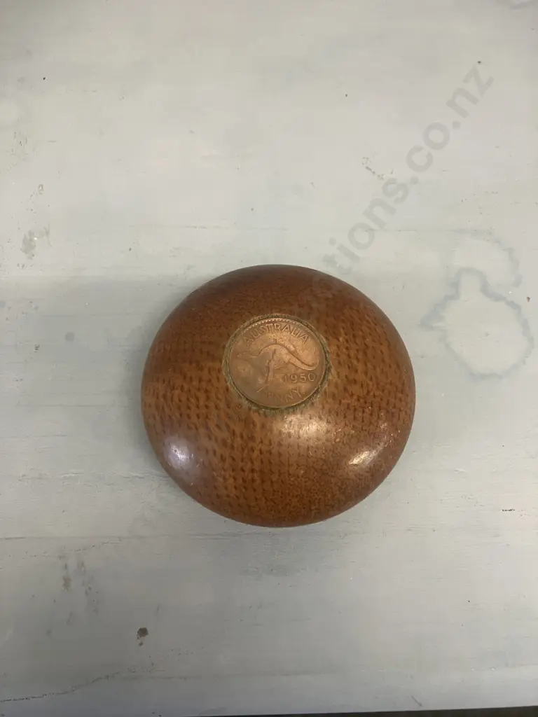 Australian Wooden Paperweight With 1950 Australian Penny Image 1++