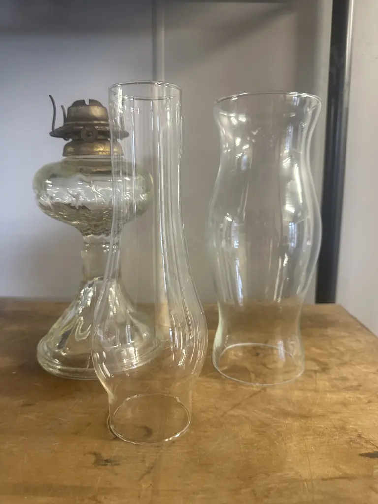 Vintage Glass Kerosine Base & Glass Chimneys Image 1++