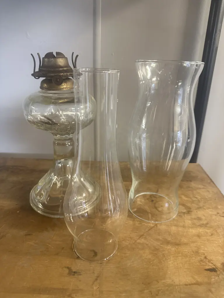 Vintage Glass Kerosine Base & Glass Chimneys Image 1++