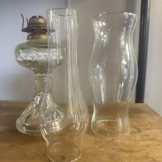 Vintage Glass Kerosine Base & Glass Chimneys