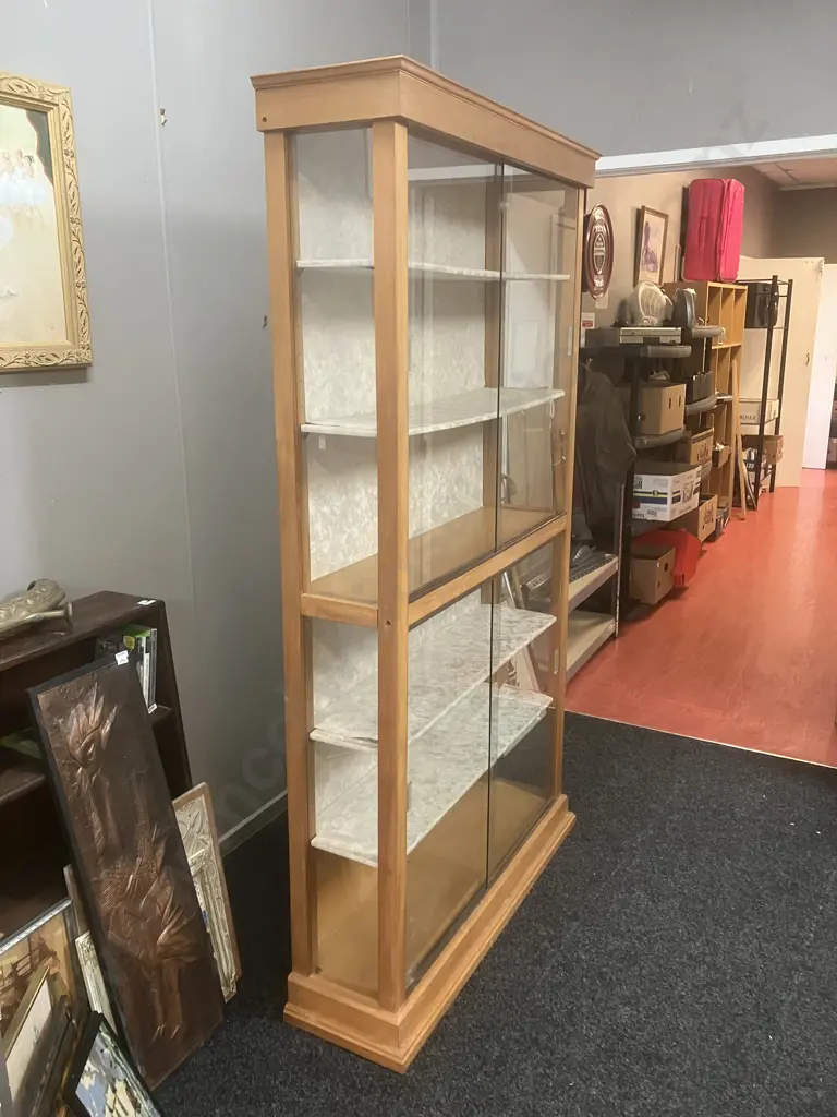 Rimu Glazed Bookcase, 4 Sliding Glass Doors, Glass Sides, 6 Shelves (Glass Door Damaged). H195 W110 D30cm Image 1++