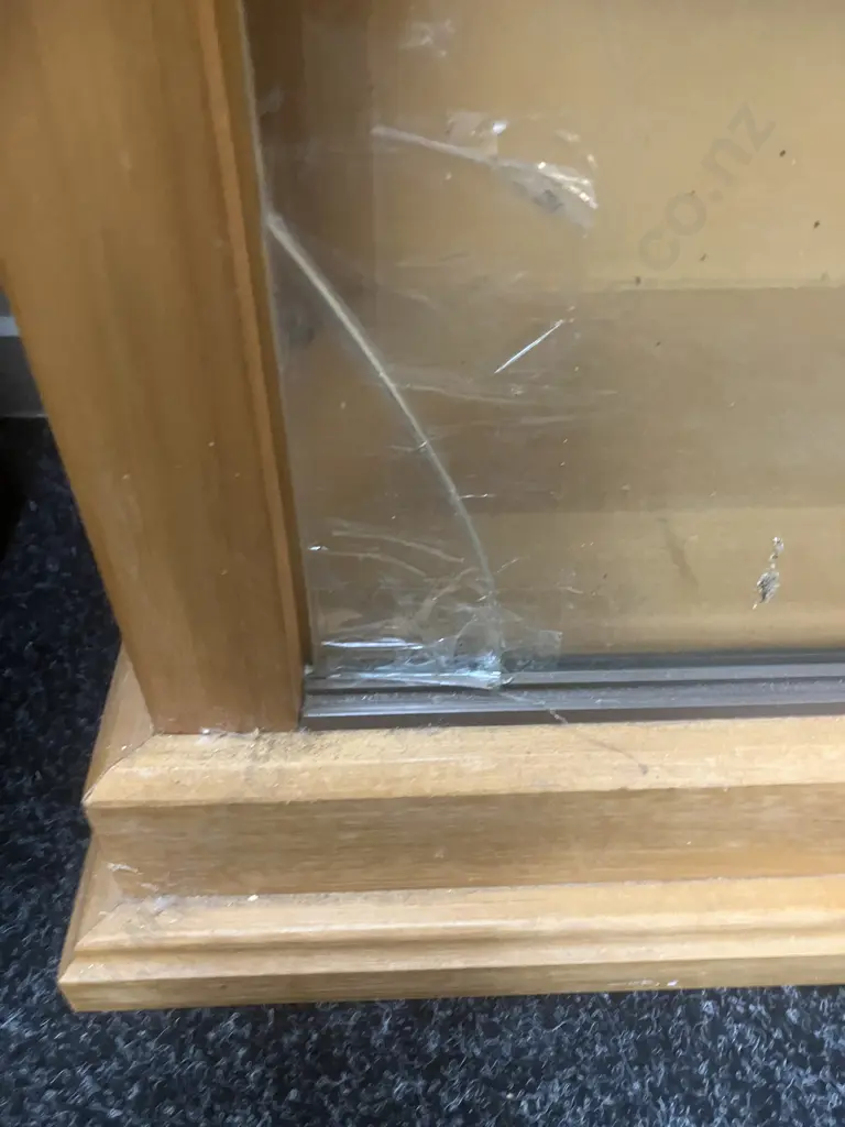 Rimu Glazed Bookcase, 4 Sliding Glass Doors, Glass Sides, 6 Shelves (Glass Door Damaged). H195 W110 D30cm Image 1++