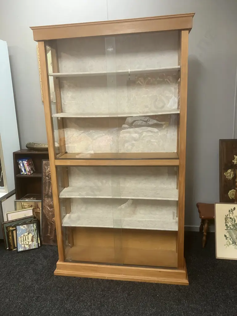 Rimu Glazed Bookcase, 4 Sliding Glass Doors, Glass Sides, 6 Shelves (Glass Door Damaged). H195 W110 D30cm Image 1++