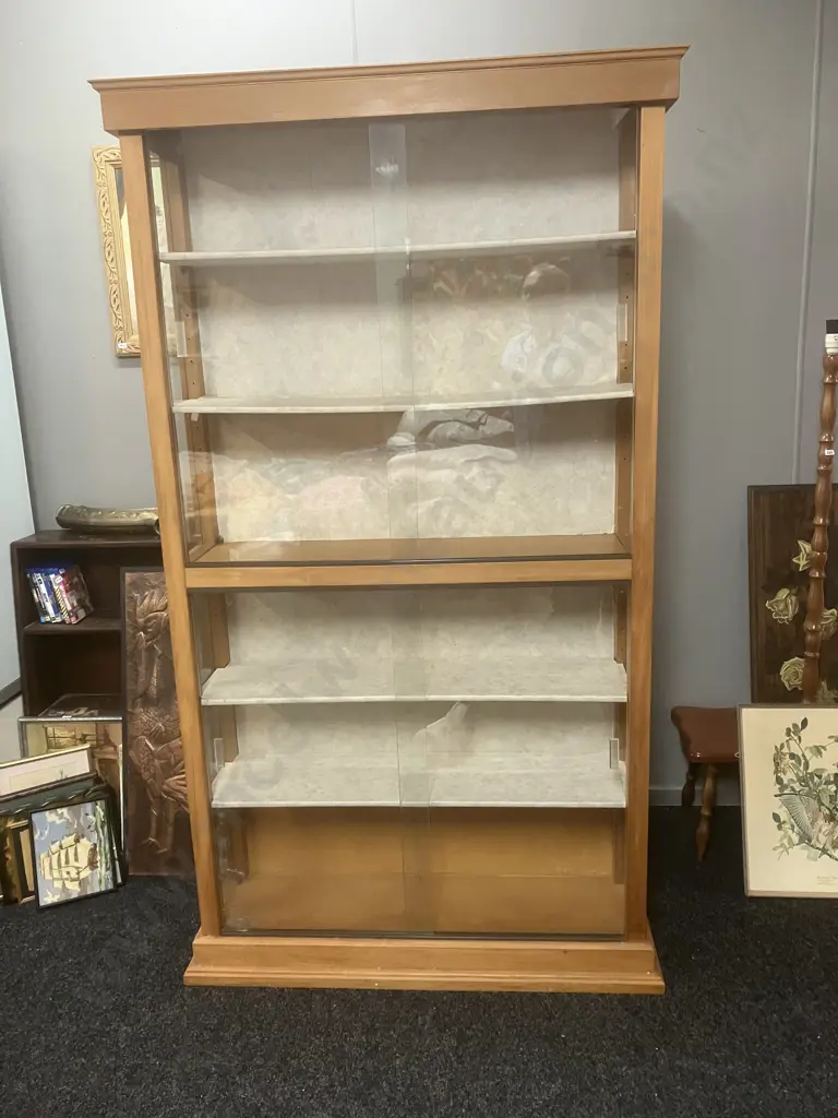 Rimu Glazed Bookcase, 4 Sliding Glass Doors, Glass Sides, 6 Shelves (Glass Door Damaged). H195 W110 D30cm Image 1++