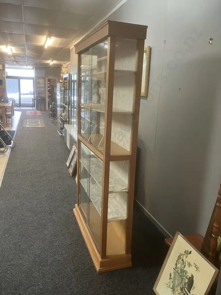 Rimu Glazed Bookcase, 4 Sliding Glass Doors, Glass Sides, 6 Shelves (Glass Door Damaged). H195 W110 D30cm Image 1++