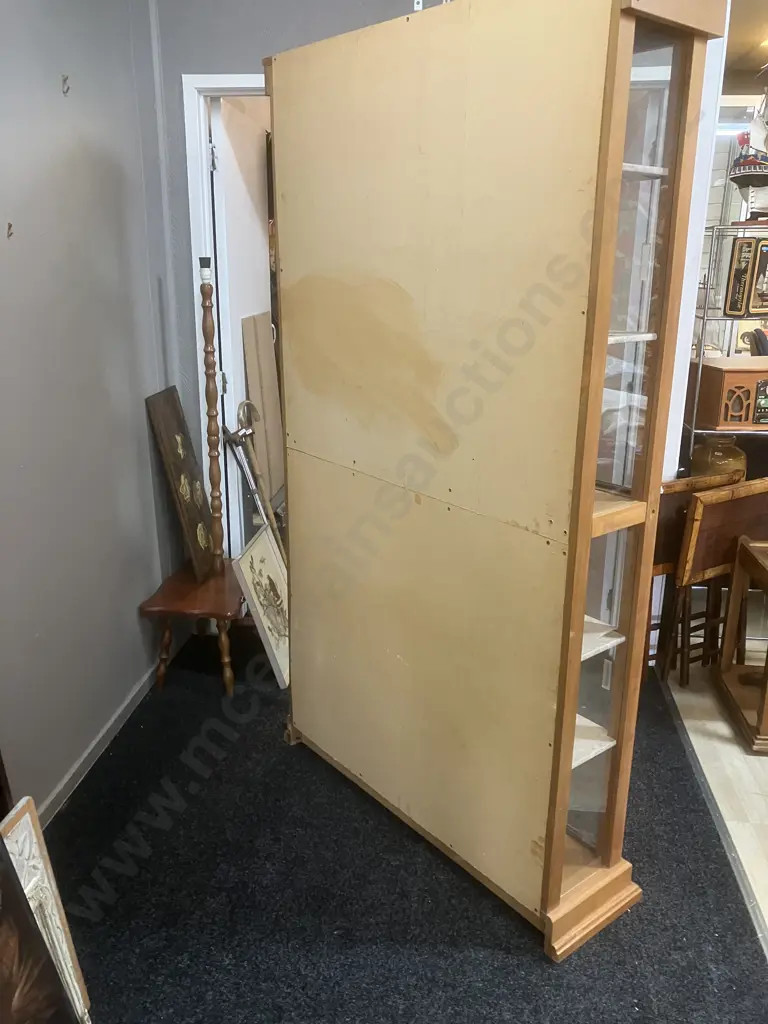 Rimu Glazed Bookcase, 4 Sliding Glass Doors, Glass Sides, 6 Shelves (Glass Door Damaged). H195 W110 D30cm Image 1++