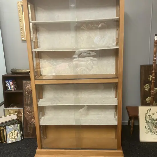 Rimu Glazed Bookcase, 4 Sliding Glass Doors, Glass Sides, 6 Shelves (Glass Door Damaged). H195 W110 D30cm